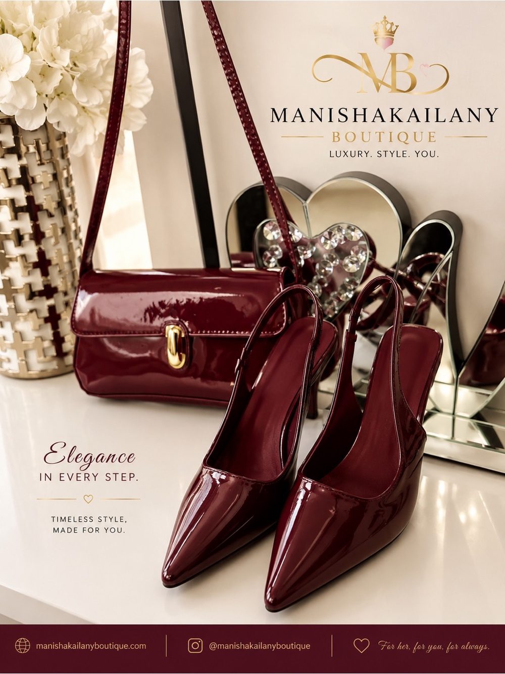 Manisha Kailany Burgundy Patent Slingback Pumps & Bag Set